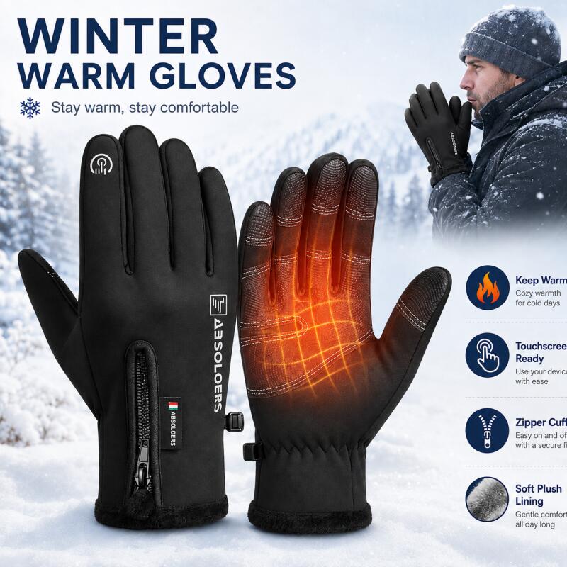 Winter Cycling Commute - 冬用防寒タッチスクリーン手袋、ジッパーカフ付き、サイクリング、通勤、運転、アウトドアアクティビティ用フルフィンガーグローブ