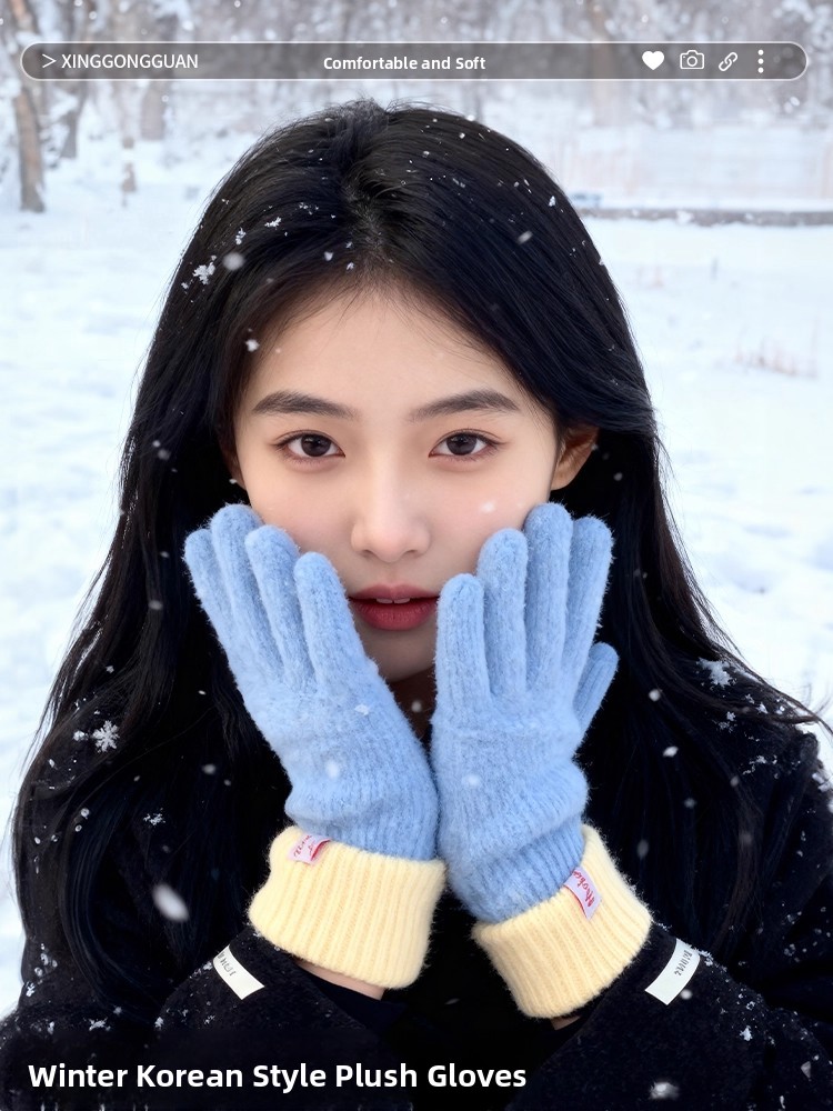 Winter Cycling Commute - 韓国風ニットプラッシュ手袋 女性用 タッチスクリーン対応 サイクリング用 保温 冬用