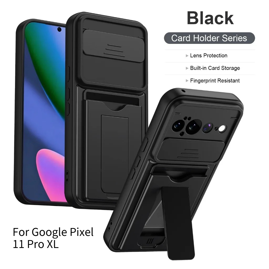 Kickstand Adjustable - Google Pixel 11 PRO XL用オールインクルーシブレンズ保護電話ケース、耐衝撃性、カードスロット付きキックスタンドバックカバー